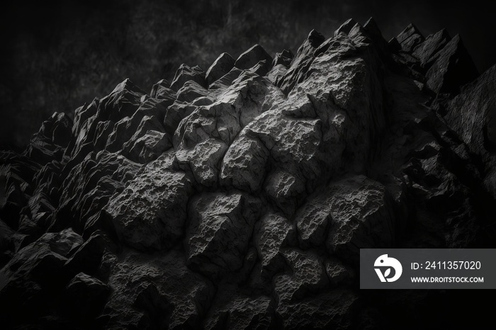 Black rock background. Dark gray stone texture. Black grunge background. Mountain close-up. Distressed backdrop