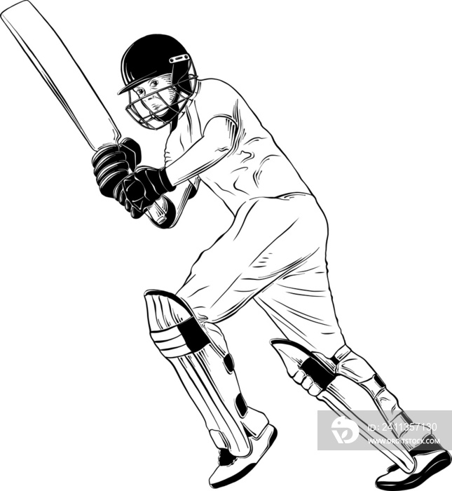 PNG engraved style illustration for posters, decoration and print. Hand drawn sketch of cricket player in black isolated on white background. Detailed vintage etching style drawing.