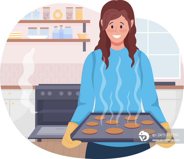 Lady baking cookies 2D raster isolated illustration. Happy woman preparing food flat character on cartoon background. Cooking dessert colourful scene for mobile, website, presentation