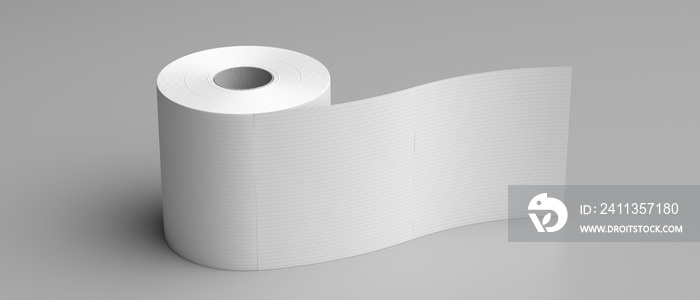 Toilet paper roll on grey background. Hygiene tissue white blank, closeup detail. 3d illustration