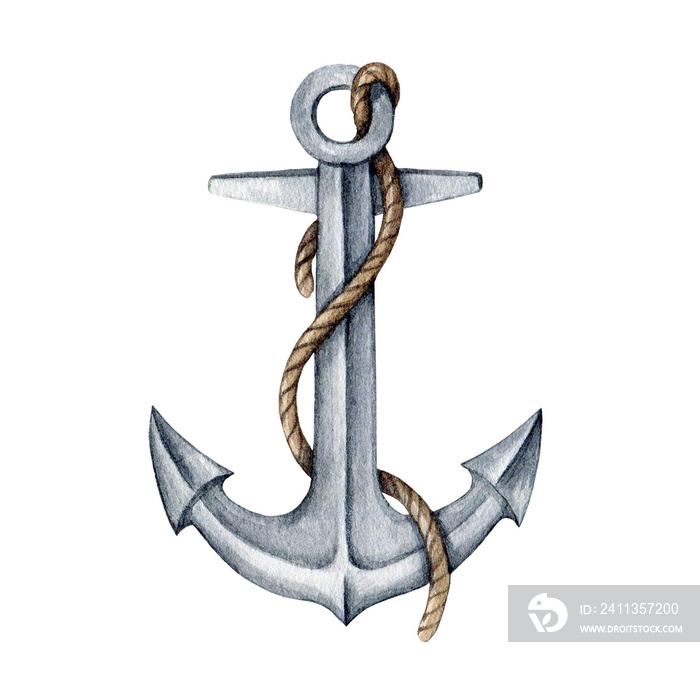 Metal anchor with a rope watercolor illustration. hand drawn vintage style image. Ship, boat steel anchor  with a rope. Isolated on white background.