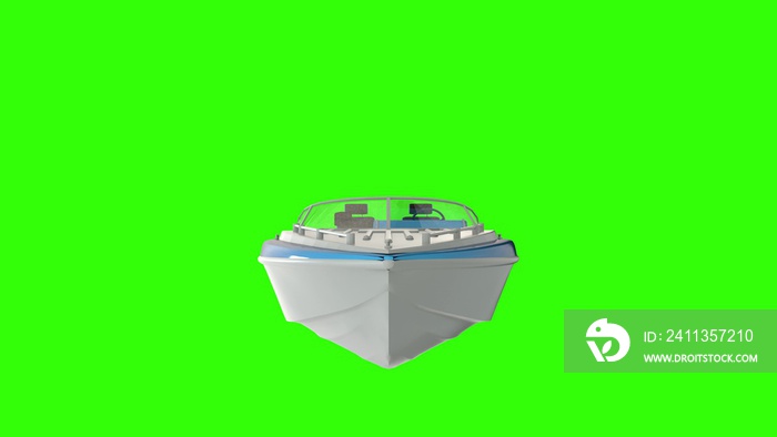 Boat on a green screen. Motor boat sailing over waves, 3d illustration