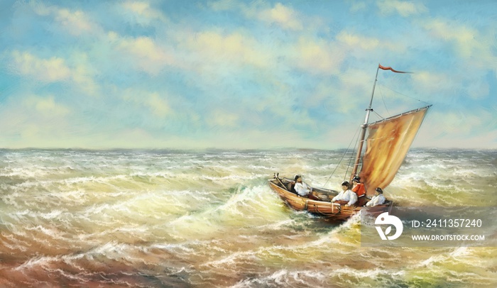 Sailing boat on the sea. Fishing boat, fine art, artwork. Digital oil paintings sea landscape.