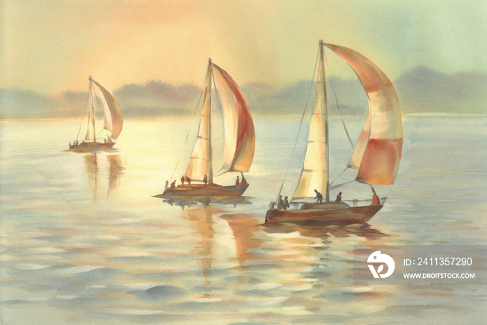 yachts on the sea in the evening light watercolor