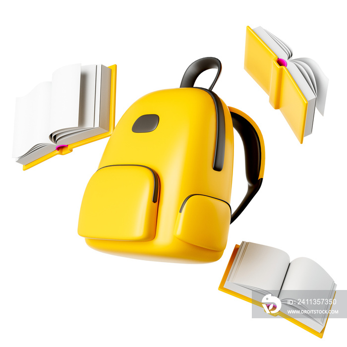 Yellow backpack and books icon, E-learning, online class, back to school concept. 3d render illustration transparency background