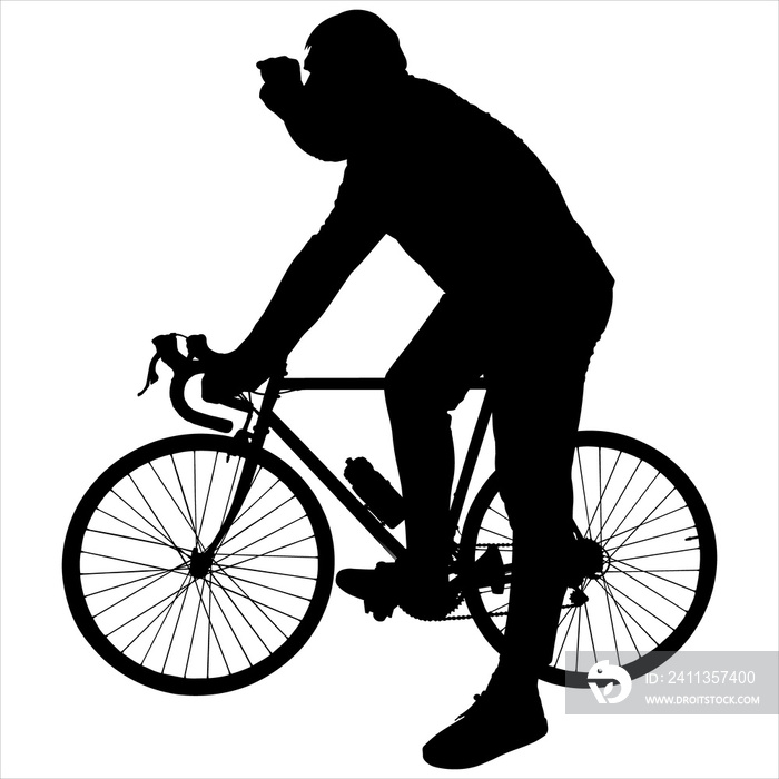 Cyclist with a bike. The guy stopped with the bike; holds the steering wheel with one hand, with the other hand focuses their gaze forward; peers ahead. Black male silhouette isolated on white