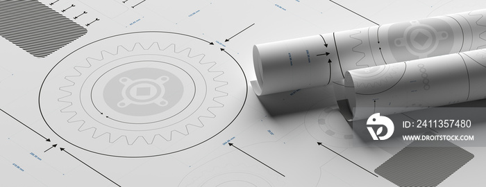 Technical drawings background. Mechanical engineering, industrial design. 3d illustration