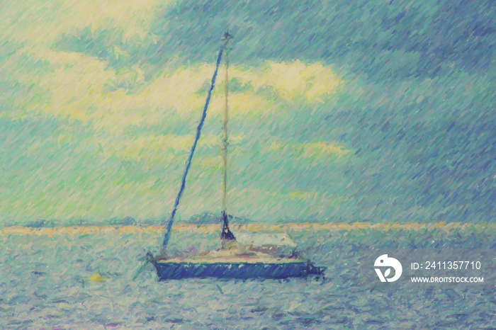 Empty blue sailing boat in the sea, impressionism, digital painting, color sketch for wallpaper, postcard, art print etc.