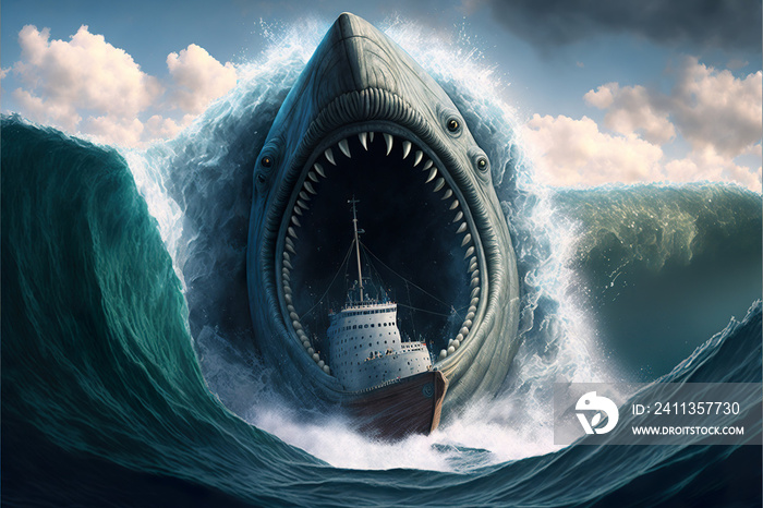 Giant deep sea megalodon shark monster eating an ocean cruiser ship illustration