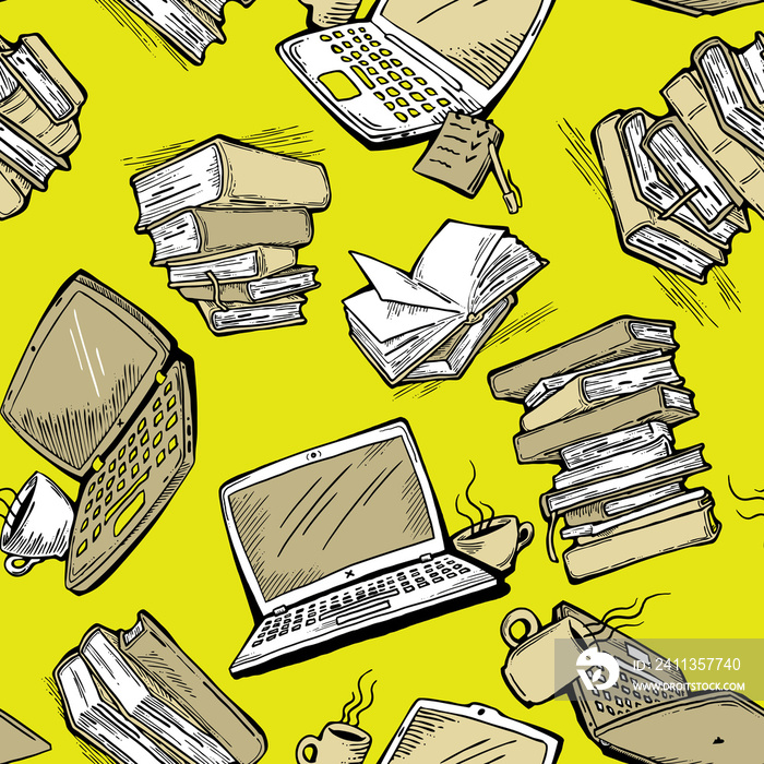 Pattern study with books and laptop, Student, kids textile print, fabric design, wrapping paper, scrapbook, background and more. Back to school theme hand drawn illustration. Cartoon style drawing.