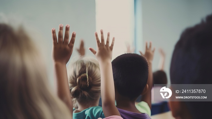 Eager Learners: Group of Kids in a Classroom Raising Their Hands