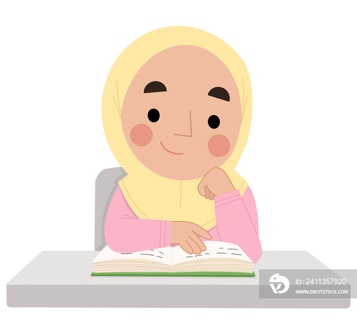 Illustration of a happy Muslim girl studying in class