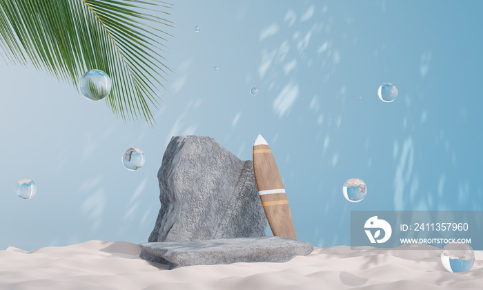 rock podium on sand background for product presentation. Natural beauty pedestal, 3d illustration