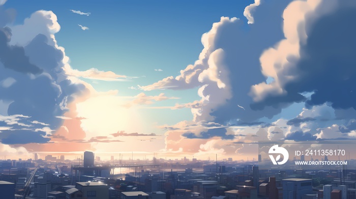 The horizon view of a Japanese city in anime is a beautiful contradiction of old and new.