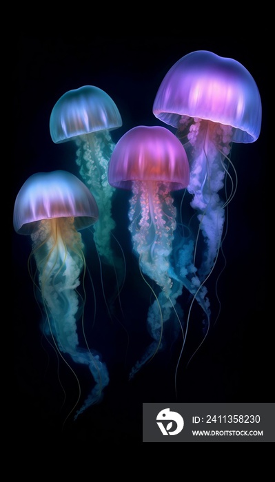 Neon Glowing Jellyfishes in Black Water