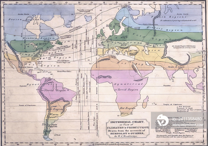 Illustration of the ancient map of the world’s isothermal chart