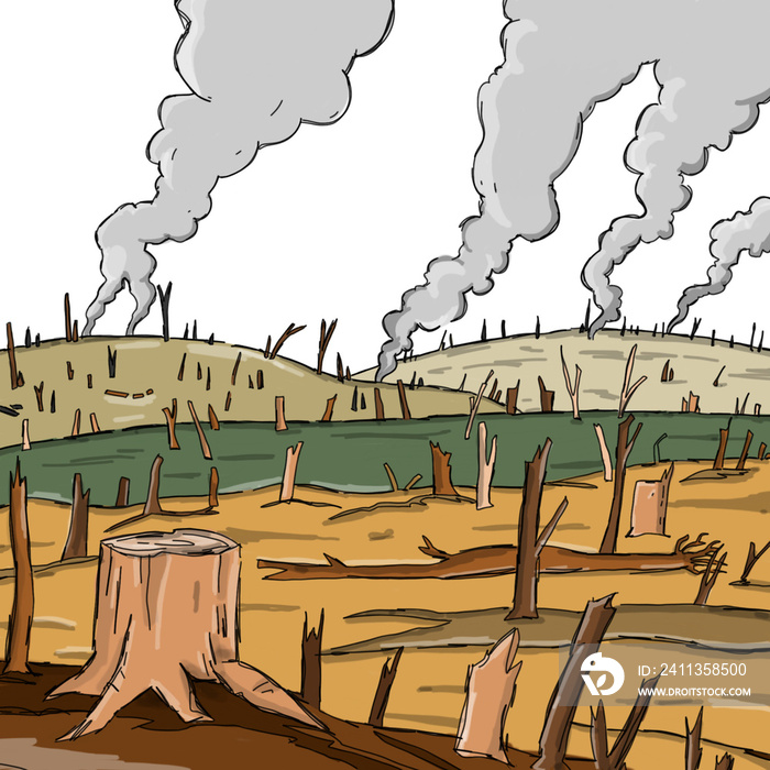 landscape with burned forest, trees and hills