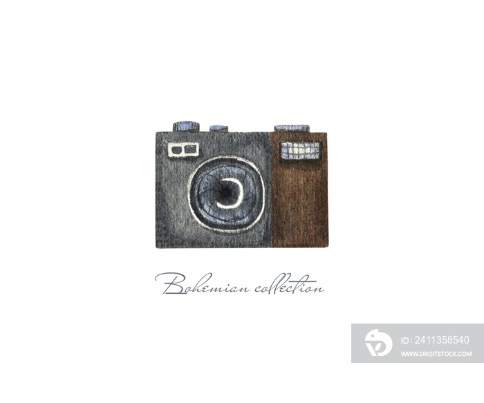 Old black camera. Watercolor photo camera