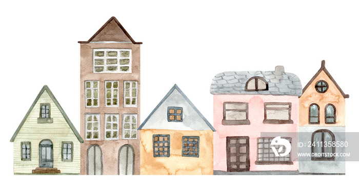 Hand painted watercolor cute house. Isolated on white background. Hand drawn illustration.