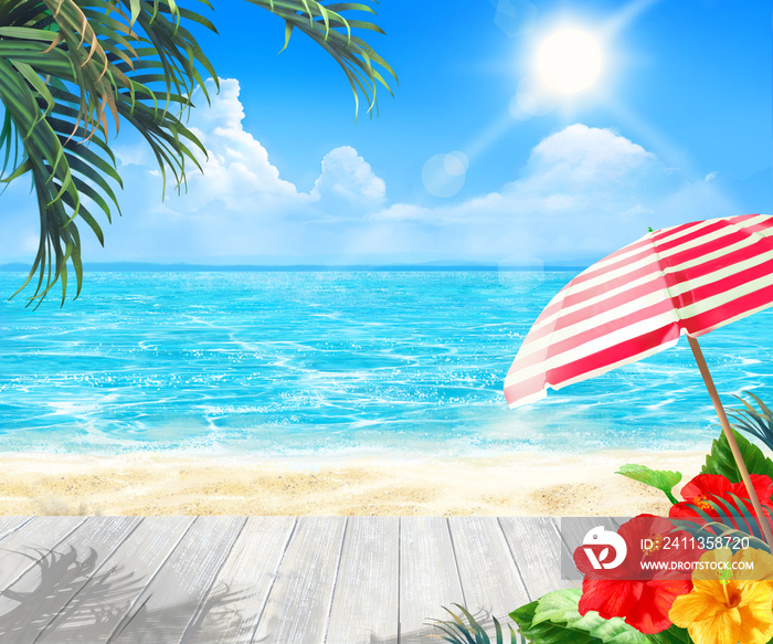 A beautiful beach with umbrella and palm trees and red and yellow hibiscus