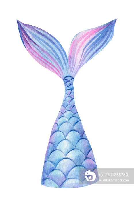 Mermaid tail on an isolated white background. Watercolor drawing, children’s illustration