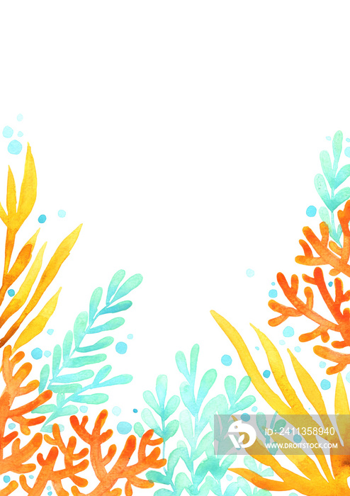 Coral, seaweed and sea grass watercolor background for decoration on marine life and summer beach theme concept.