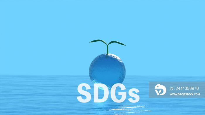 Environmental protection image of blue sky and sea with SDGs letters, sea and greenery, with copy space