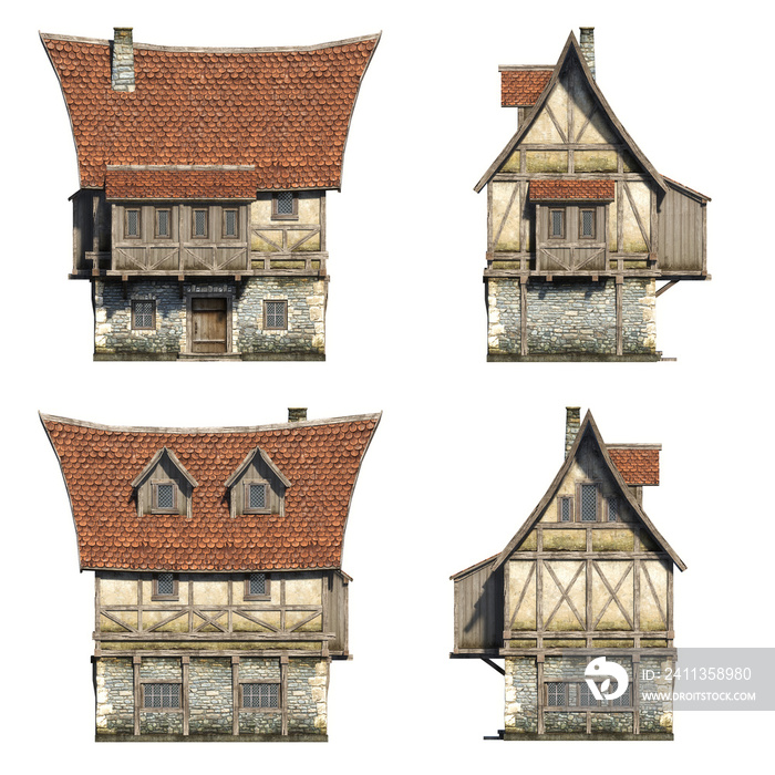 Frontside medieval houses set. 3D illustration