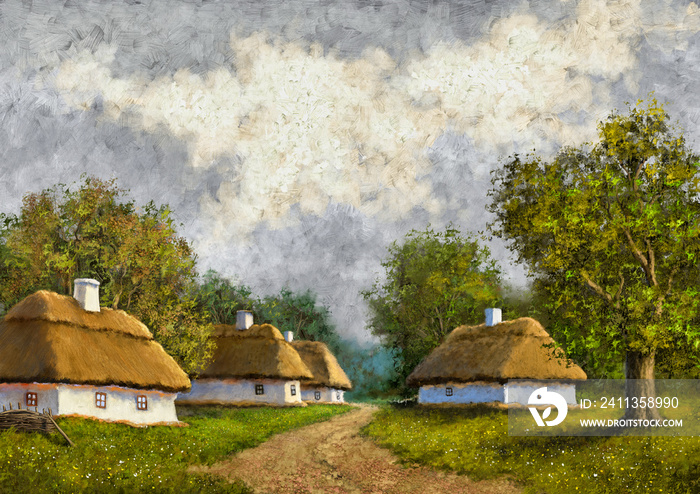 Oil paintings rural landscape, village in Ukraine, old house in the countryside. Fine art.