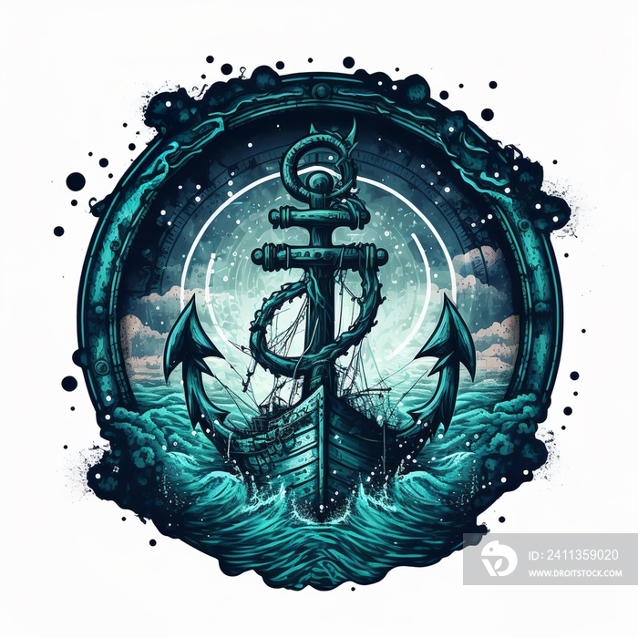 Nautical sailor deep sea logo with ship and anchor isolated design