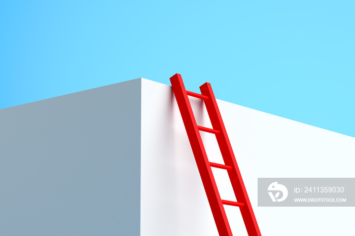 Close up red ladder leaning against a cube block. 3D render.