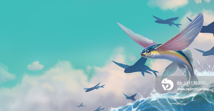 A flock of flying fish on a wave. Realistic illustration background place for text. A group of fish on a blue ocean background, the feeling of flying freedom.