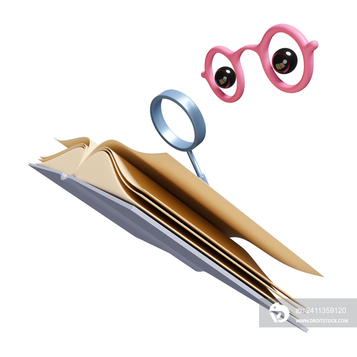 3d cartoon character with open book, magnifying glass, glasses, eyeball icon isolated. studying, researching concept, 3d render illustration,