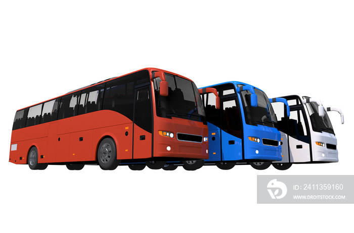 Three Colourful Coach Buses Isolated on Transparent Background. PNG 3D Render Illustration.