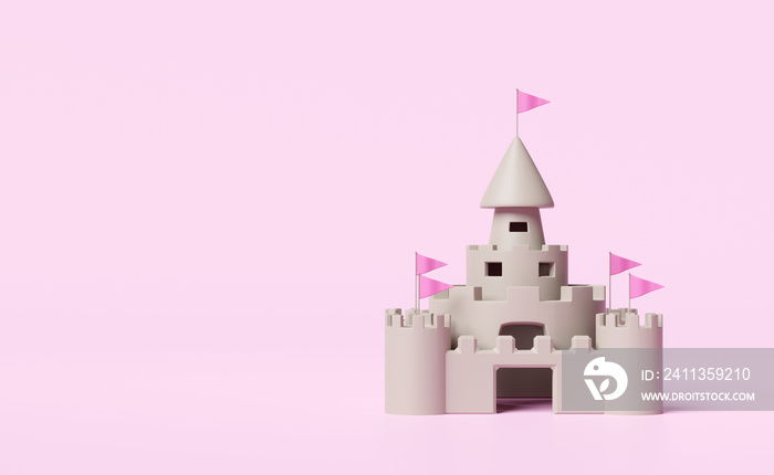 sand castle with towers,fort,gates and flags isolated on pink background.summer vacation concept ,3d illustration or 3d render