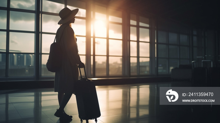 Woman on airport with luggage and baggage at sunset.