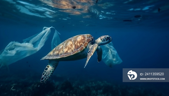 Green Sea Turtle Swimming with Plastic Pollutions in Turquoise Water