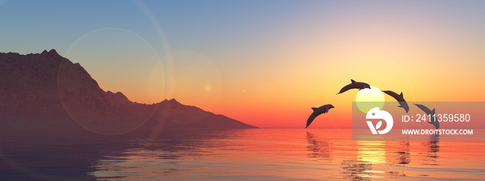 Seascape with dolphins at sunset, playing dolphins in the sea at sunrise, 3d rendering