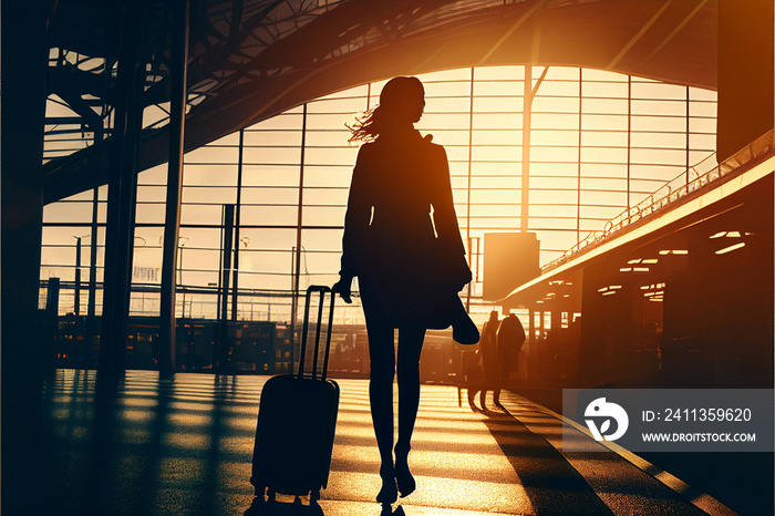 Business woman with a suitcase at train station or at airport..