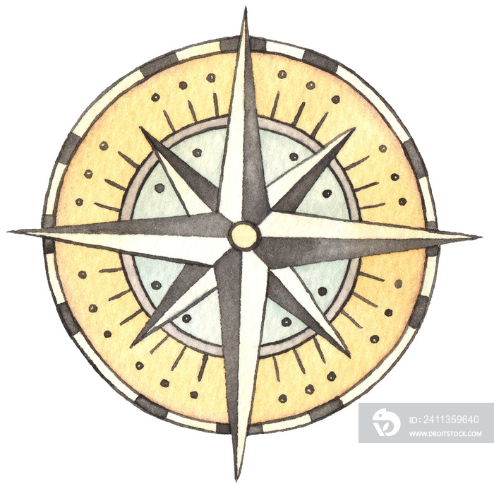 Watercolor Vintage Compass, Hand drawing illustration