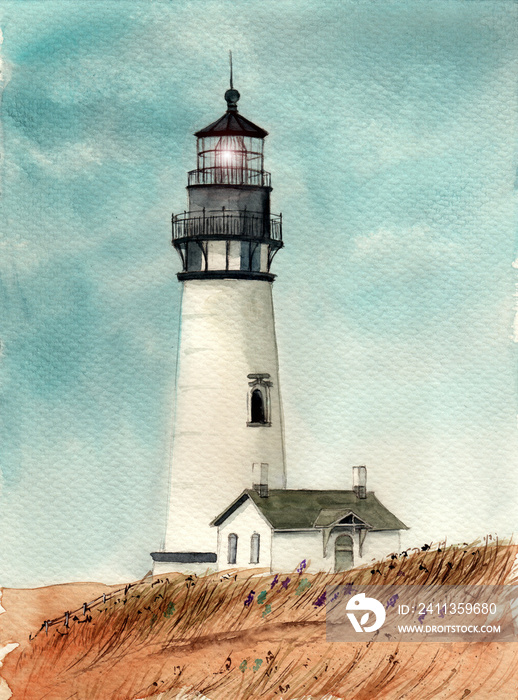 Watercolor picture of the Yaquina Head Lighthouse with a small house in the grass field