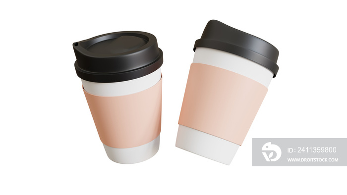 Two paper coffee cups,  Mockup template. 3D  floating over the background