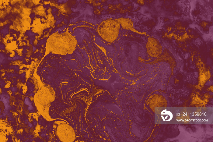 Texture of paper marbling design pattern in dark yellow and purp colors