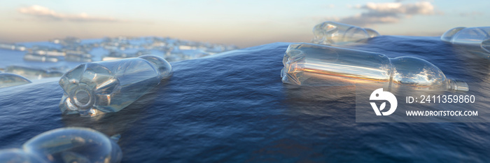 Multiple plastic bottles floating on the ocean having been discarded damaging the eco system 3d render