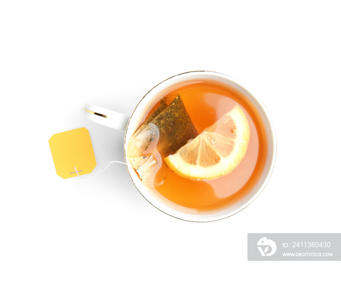 Cup of hot tea with lemon on white background