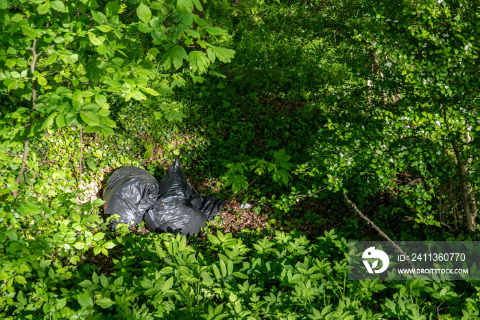 Garbage bags lying carelessly thrown away in the forest