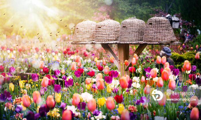 Bee hives or houses in beautiful tulips garden. Close up of flying bees and sun light background.