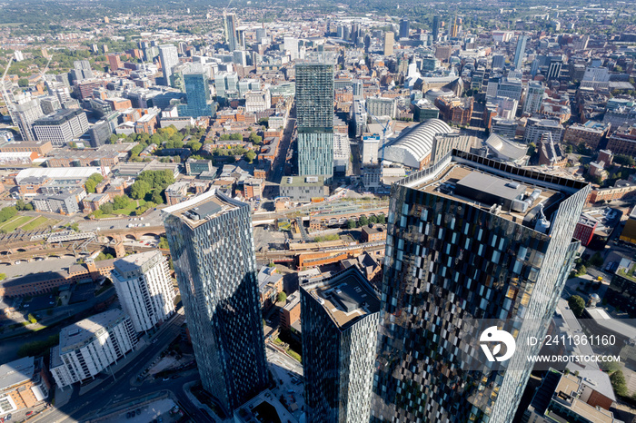 Manchester City Centre Drone Aerial View Above Building Work Skyline Construction Blue Sky Summer Beetham Tower Deansgate Square Glass Towers.