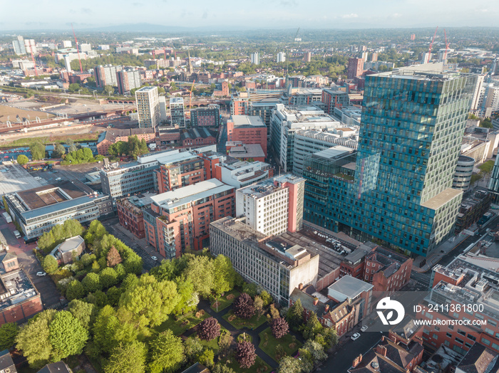 Manchester City Centre Drone Aerial View Above Building Work Skyline Construction Blue Sky Summer Beetham Tower Deansgate.