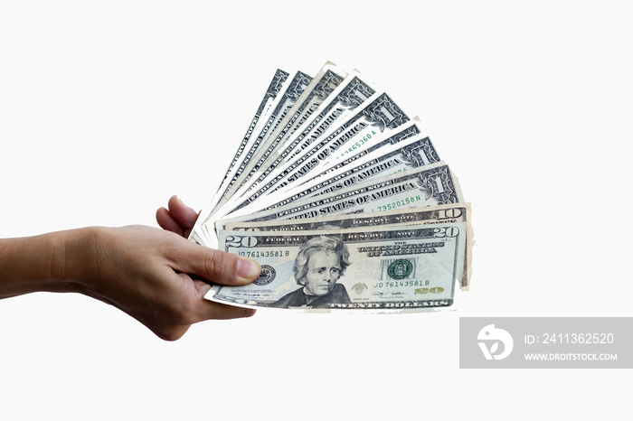 close up of hands holding dolla note on white background